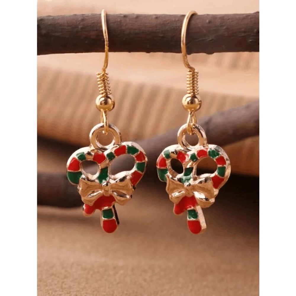 GOLD COLORFUL CHRISTMAS CANDY CANE BOW DANGLE EARRINGS
